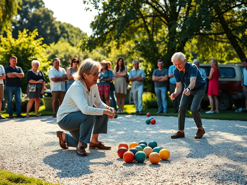 A group of ESBR members participating in a friendly boules match on a sunny afternoon, showcasing the social and recreational aspect of the club.