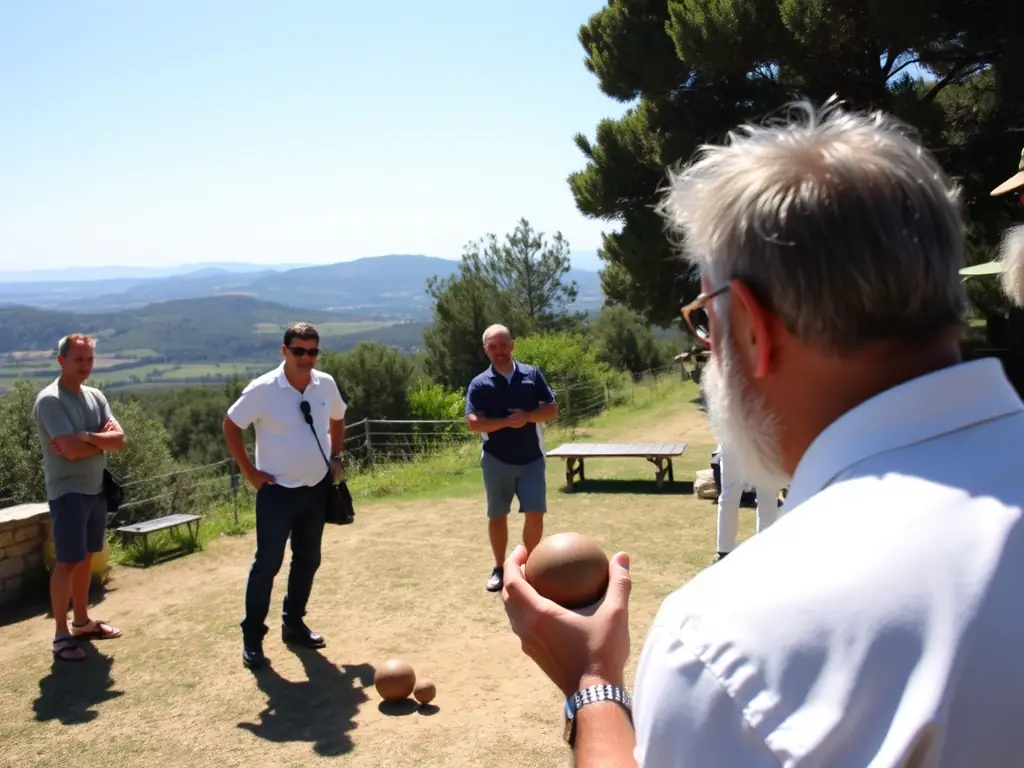 A group of ESBR members participating in a friendly boules match at the Boulodrome de Camonil, showcasing the camaraderie and competitive spirit of the club.
