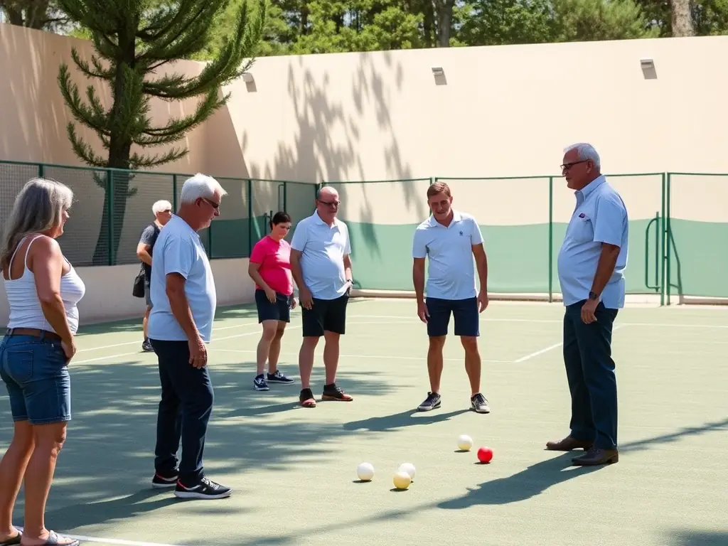 A coach demonstrating boules techniques to a group of enthusiastic players on the club's outdoor court, showcasing the training environment at ESBR.