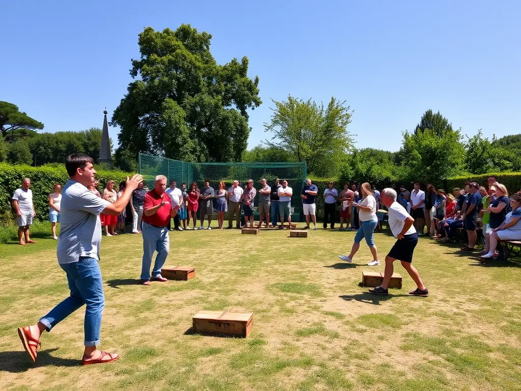 A dynamic shot during a competitive boules tournament, highlighting the precision and skill involved in the sport.